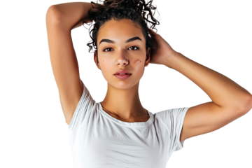 Portrait of young beautiful woman with scar or acne on face skin isolated on white transparent background.