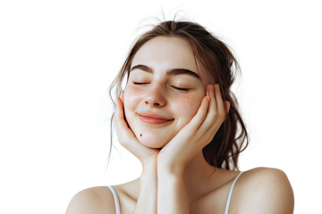 Portrait of young beautiful woman with scar or acne on face skin isolated on white transparent background.