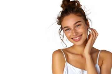 Portrait of young beautiful woman with scar or acne on face skin isolated on white transparent background.