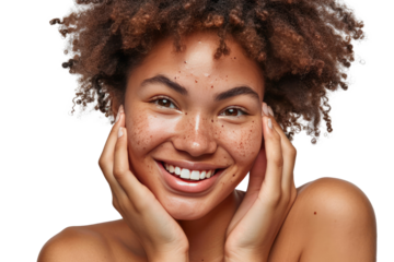 Portrait of young beautiful woman with scar or acne on face skin isolated on white transparent background.