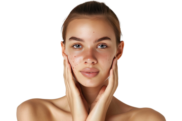 Portrait of young beautiful woman with scar or acne on face skin isolated on white transparent background.