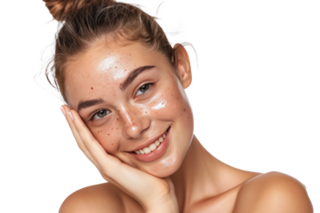 Portrait of young beautiful woman with scar or acne on face skin isolated on white transparent background.