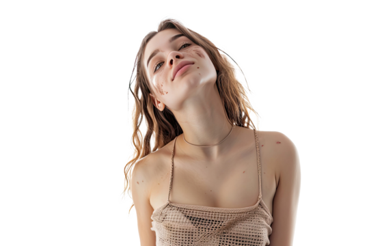 Portrait of young beautiful woman with scar or acne on face skin isolated on white transparent background.