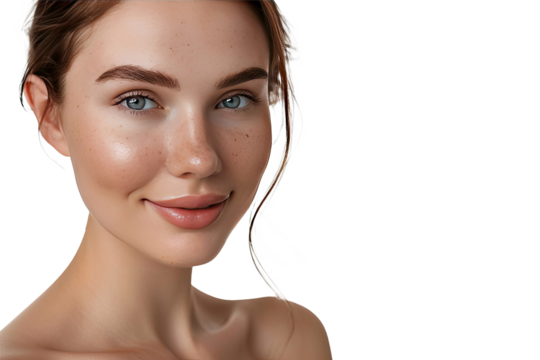 Portrait of young beautiful woman with scar or acne on face skin isolated on white transparent background.