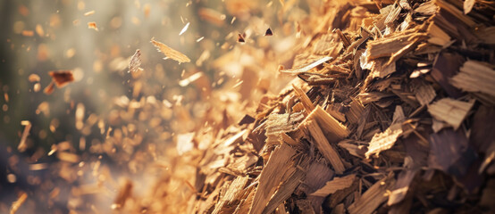Wood chips flying in the air with sunlight filtering through - obrazy, fototapety, plakaty