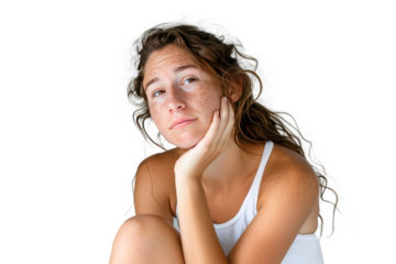 Portrait of young beautiful woman with scar or acne on face skin isolated on white transparent background.