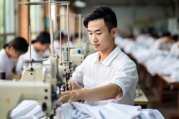 A man sewing clothes in a factory - obrazy, fototapety, plakaty