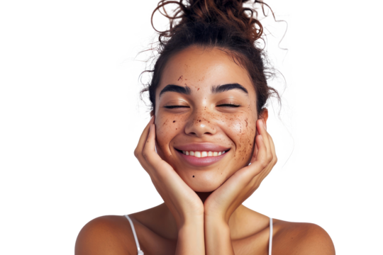 Portrait of young beautiful woman with scar or acne on face skin isolated on white transparent background.