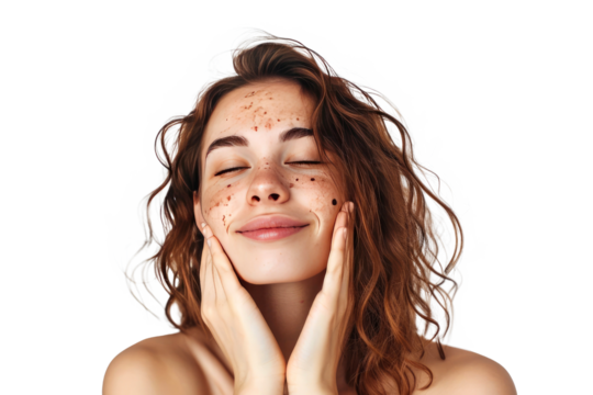 Portrait of young beautiful woman with scar or acne on face skin isolated on white transparent background.