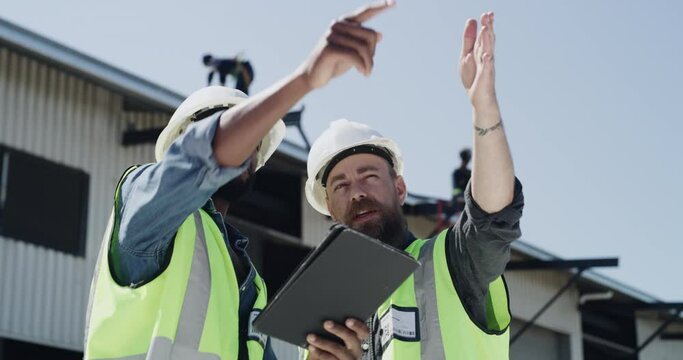 Discussion, Tablet And Construction Site With Men With Building Planning And Safety Gear As Contractor. Engineer, Diversity And Communication On Technology, Maintenance And Renovation By Warehouse