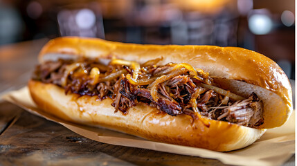 Honey pulled pork sub sandwich with caramelized onions in a roll. Traditional American cuisine