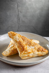 Chicken puff pastry. Baked puff pastry stuffed with chicken.