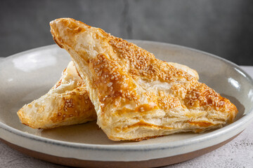 Chicken puff pastry. Baked puff pastry stuffed with chicken.