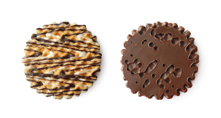 Crispy round wafers with milk chocolate icing front and back side isolated on white background top view                              
