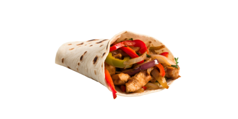 Chicken fajita roll, Traditional Mexican marinated Tortillas chicken fajitas with fried chicken breast strips, onion, julienned green, yellow, and red bell pepper on PNG background