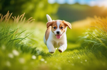 Happy puppy is running on a green grass. 