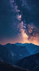 Starry night sky, mountains silhouette against the vastness of space