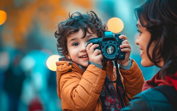 A Kid Taking a Photo from Camera with His Mother