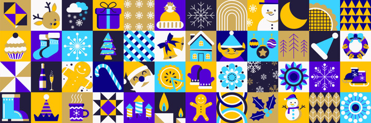 Set of icons related to Christmas and New Year. Line icon collection. Mosaic style. Winter vector illustration
