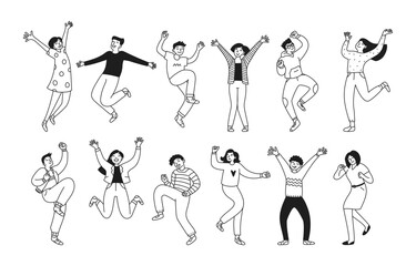 Fototapeta na wymiar Set of people celebrating illustrations. Collection with happy jumping men and women celebrating an event or ceremony. Contour, thin line. Vector linear doodle illustration