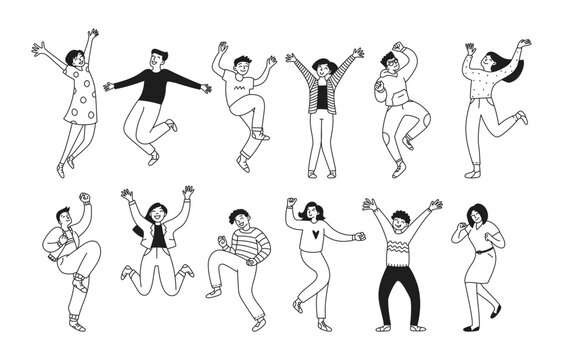 Set of people celebrating illustrations. Collection with happy jumping men and women celebrating an event or ceremony. Contour, thin line. Vector linear doodle illustration