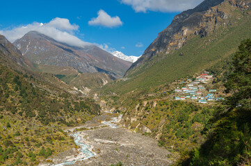 View of Tengkangboche mountain and Bhote Koshi river during trekking from Namche Bazar to Thame in a clear day. Three passes trekking in Nepal. Mountain range Himalayas in the Khumbu region, Asia.
