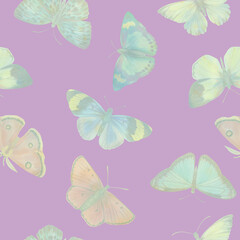 Fototapeta na wymiar watercolor butterflies, hand drawn illustration, seamless pattern on a light purple background.