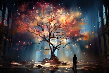 Majestic tree with fiery leaves inside an abandoned, light-streaked cathedral