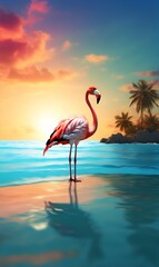 A lone flamingo basks in the sunlight over the warm turquoise waters of the island, against the evening sky