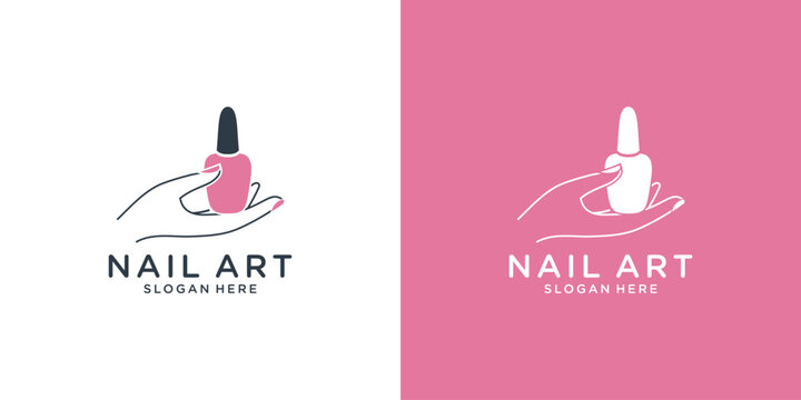 Nail art icon logo with hand and nail ink concept. with line style design
