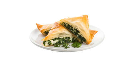  Greek Pie Spanakopita with Spinach and Cheese in white plate with PNG background