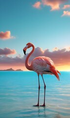 A lone flamingo basks in the sunlight over the warm turquoise waters of the island, against the evening sky