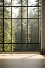 large glass windows overlooking a lush green forest