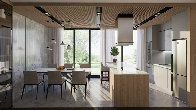 3D render. Camera pan through the interior of a studio apartment in a modern style.