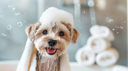 Adorable cute pet taking a bath and covered in towel - obrazy, fototapety, plakaty