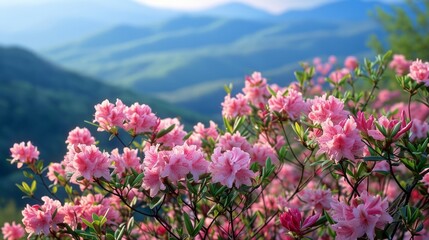 Pink Flowered Bush in Front of Majestic Mountains Landscape