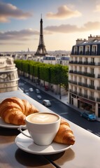 A cup of coffee and a croissant on a table by the window overlooking the city