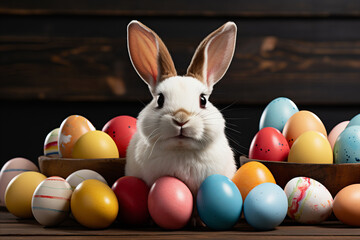 Fototapeta na wymiar Fluffy White Rabbit Surrounded by Colorful Eggs on Wooden Background - Easter Joy
