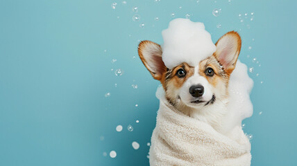 Adorable cute pet taking a bath and covered in towel - obrazy, fototapety, plakaty