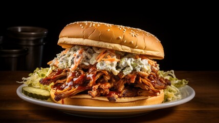 Fast Food A high-angle shot of a loaded BBQ pulled pork sandwich with coleslaw, emphasizing its hearty layers -Generative Ai
