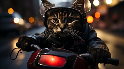 Cat biker in a leather jacket and helmet riding a motorcycle at night - obrazy, fototapety, plakaty
