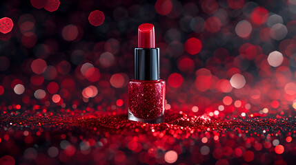 a red lipstick is on a shiny surface with a blurry boke of lights in the background and a sparkly red background  - obrazy, fototapety, plakaty