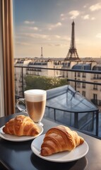 A cup of coffee and a croissant on a table by the window overlooking the city