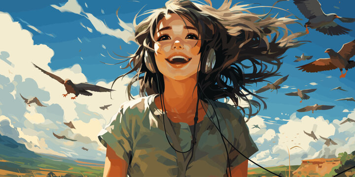 a Japanese school girl running happily home in the countryside and noticing a karasu is perching on the power wire vector