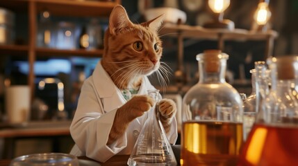 Ginger tabby cat wearing a lab coat inspects a flask in a vintage chemistry laboratory setting with warm ambient lighting