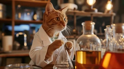 Tuinposter Ginger tabby cat wearing a lab coat inspects a flask in a vintage chemistry laboratory setting with warm ambient lighting © EVGENIA