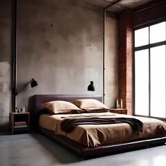 Modern bedroom with a loft interior design, featuring a brown shabby leather bed set against a concrete wall.










