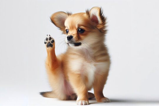a small cute dog raised its hind leg and itch on a white background. ai generative