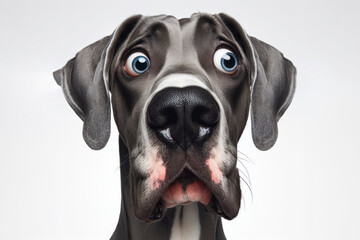 Closeup Funny Portrait of surprised Great Dane dog with Huge Eyes on solid white background. ai generative