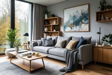 A modern living room with a large window, sofa, coffee table, rug, and plants